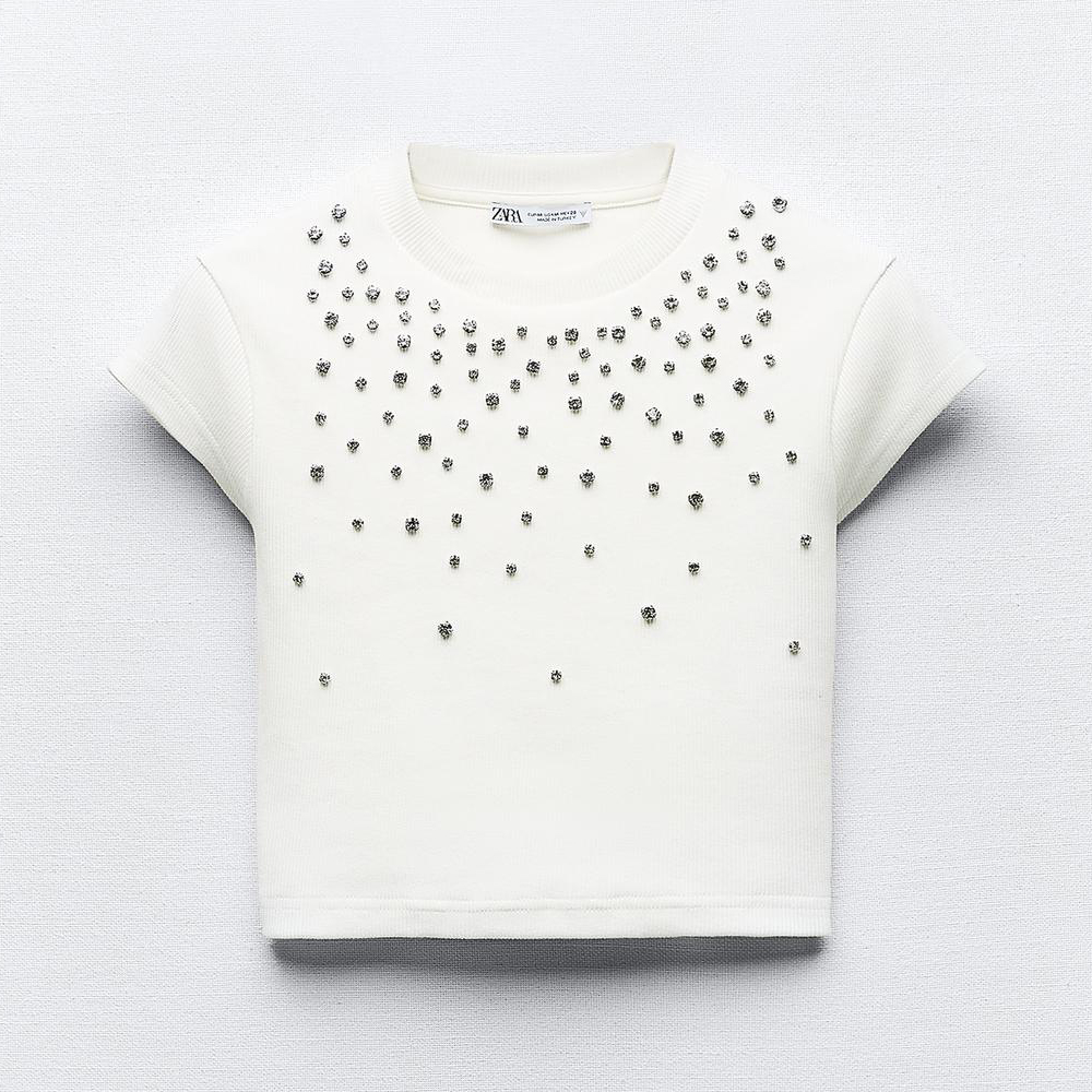 Кроп-топ Zara Ribbed With Rhinestones, белый футболка zara embellished with rhinestones белый