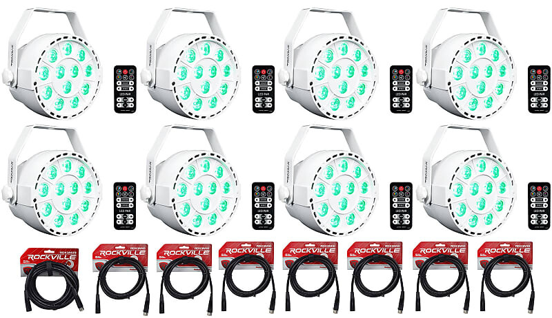 

8 Rockville RockPAR TRI LED RGB Par Cans DJ White DMX Wash Lights+Remotes+Cables (8) ROCKPAR TRI WHITE+RDX3M25+RDX3M10