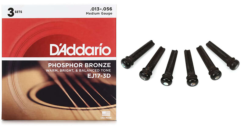 

D'Addario EJ17-3D Струны для акустической гитары из фосфористой бронзы - .013-.056 Medium (3 шт.) в комплекте с бриджевыми штифтами Taylor Ebony с точками Abalone D'Addario + Taylor EJ17-3D=1 7251=1