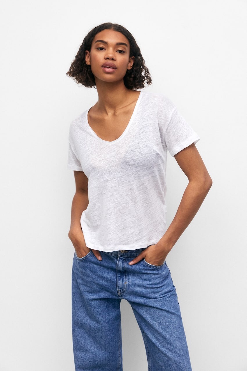 

Льняная футболка с короткими рукавами Pull&Bear, белый