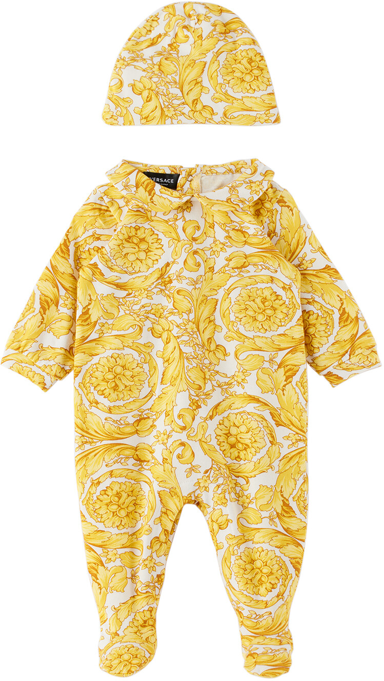 

Бело-желтое боди и шапка Barocco для малышей Versace