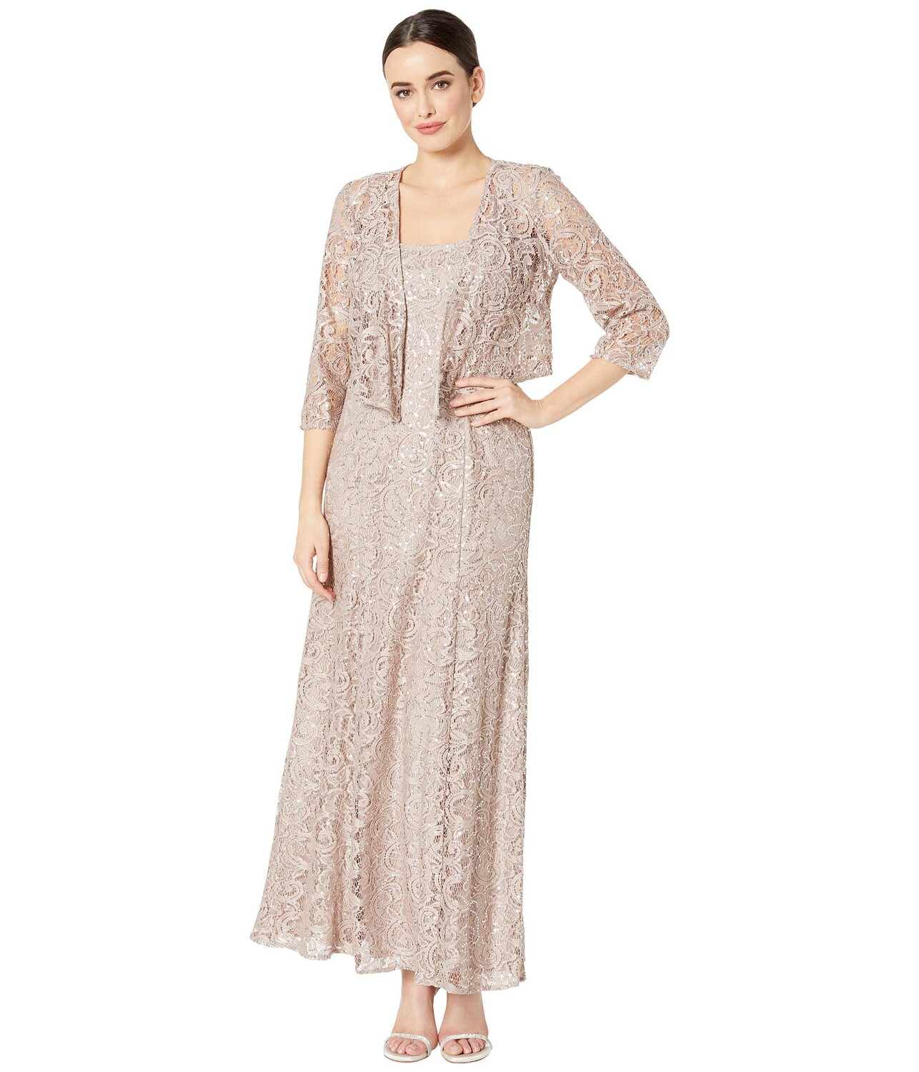 

Платье Alex Evenings, Long Sequin Lace A-Line Jacket Dress with Illusion Cascade Jacket