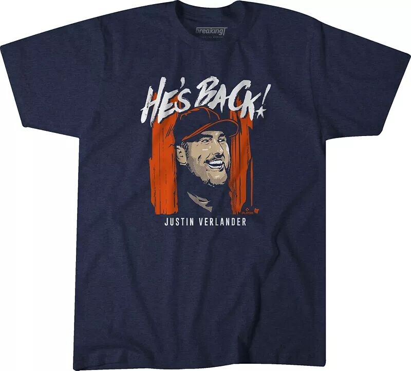 

Мужская темно-синяя футболка с рисунком BreakingT Houston Astros Justin Verlander He’s Back