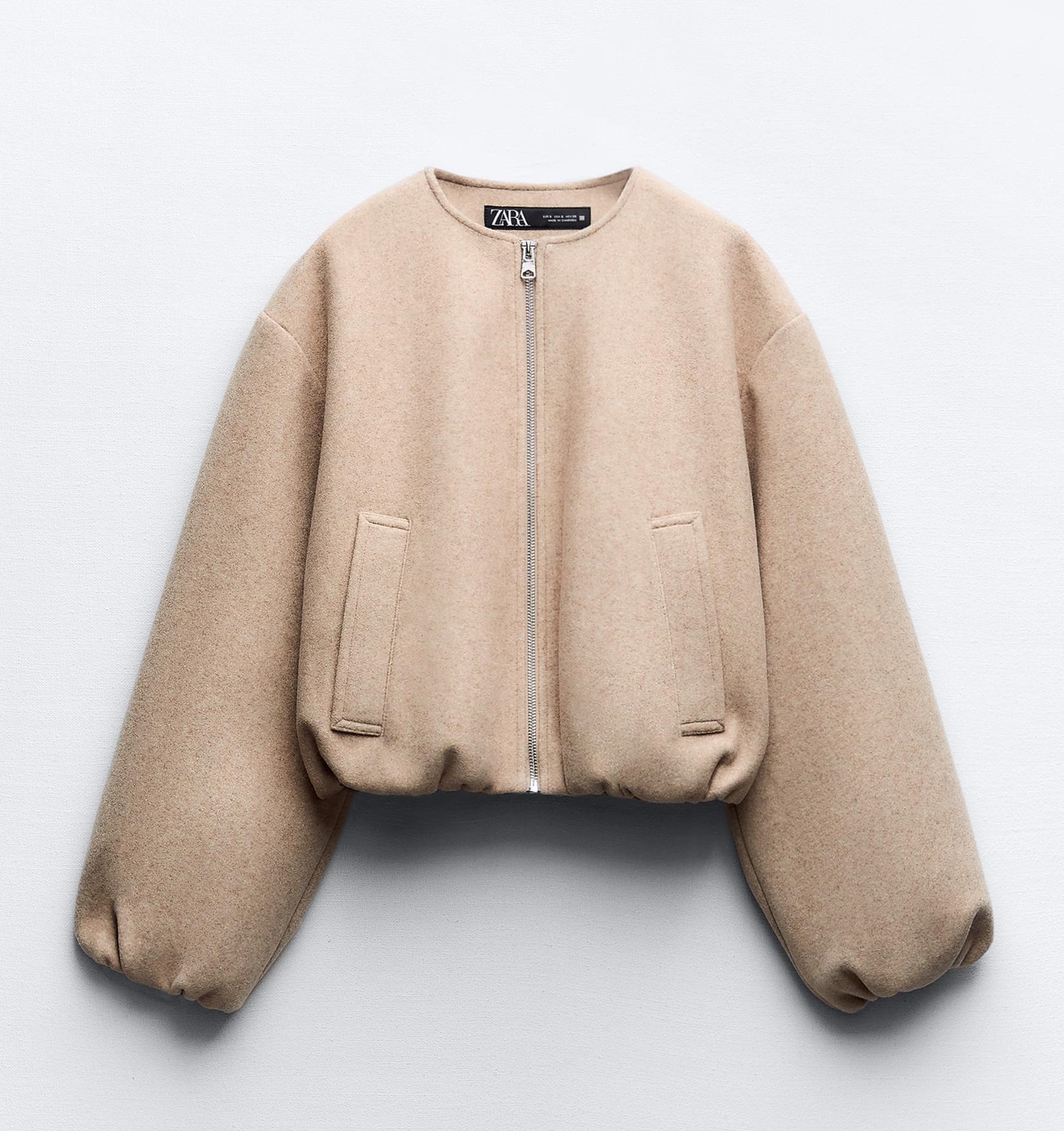 куртка zara technical with pockets серовато коричневый Куртка-бомбер Zara Soft With Pockets, светло-бежевый