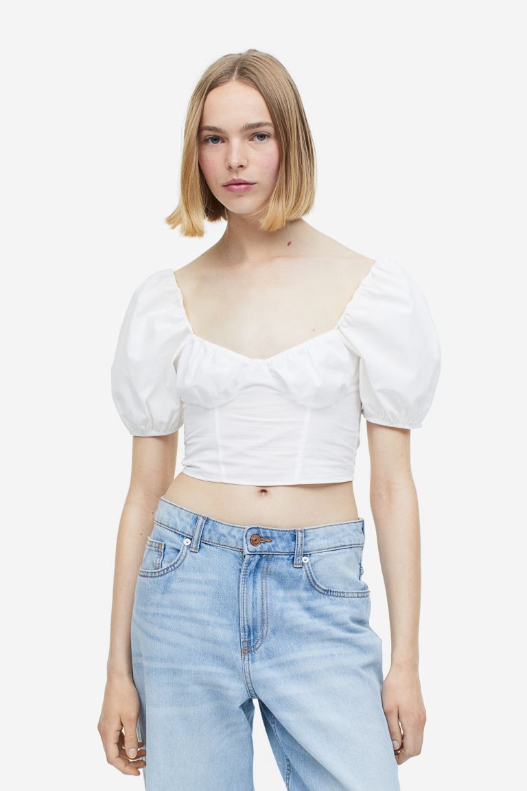 Укороченная блузка с пышными рукавами H&M, белый