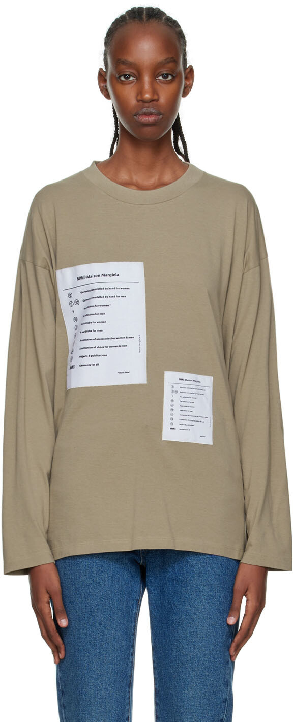 

Бежевая футболка с длинным рукавом с нашивками MM6 Maison Margiela, Бежевый