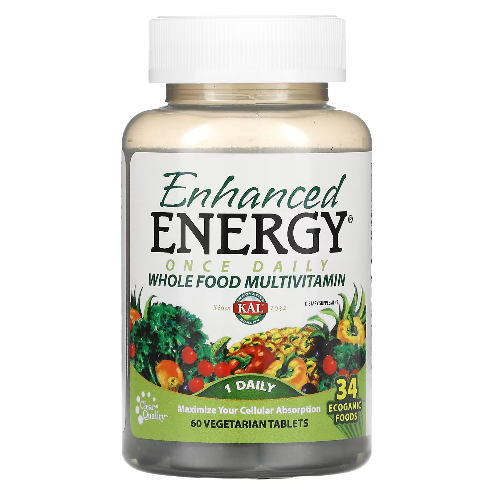 KAL, Enhanced Energy, мультивитамины из цельных продуктов с дозировкой 1 раз в день, 60 растительных таблеток kal enhanced energy мультивитамины из цельных продуктов 90 вегетарианских таблеток