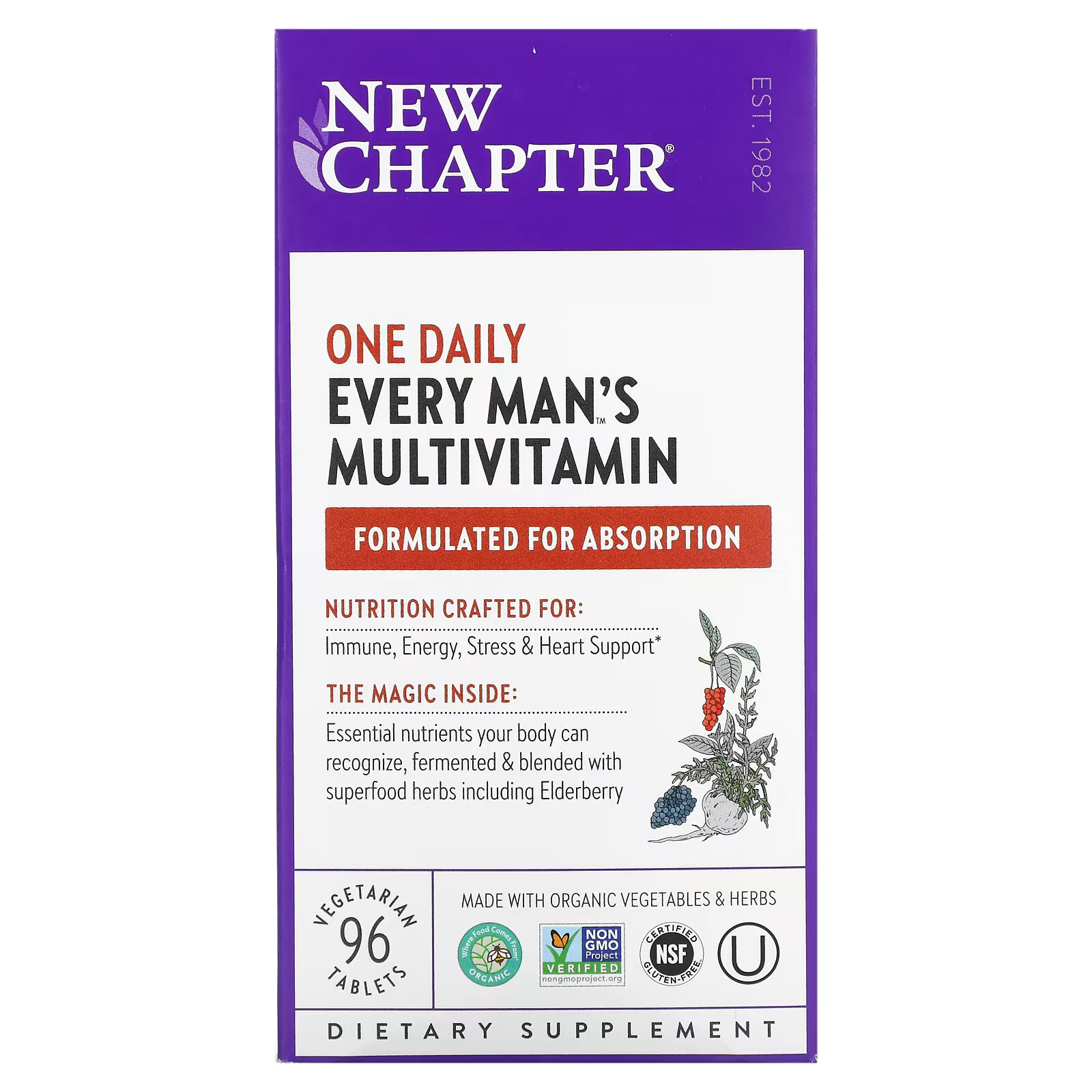New Chapter, Every Man's One Daily Multi, мультивитаминная добавка из цельных продуктов для мужчин, 96 вегетарианских таблеток