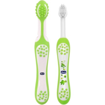 

Набор обучающих зубных щеток Chicco включает зубную щетку и массажную щетку 4M+, зеленая