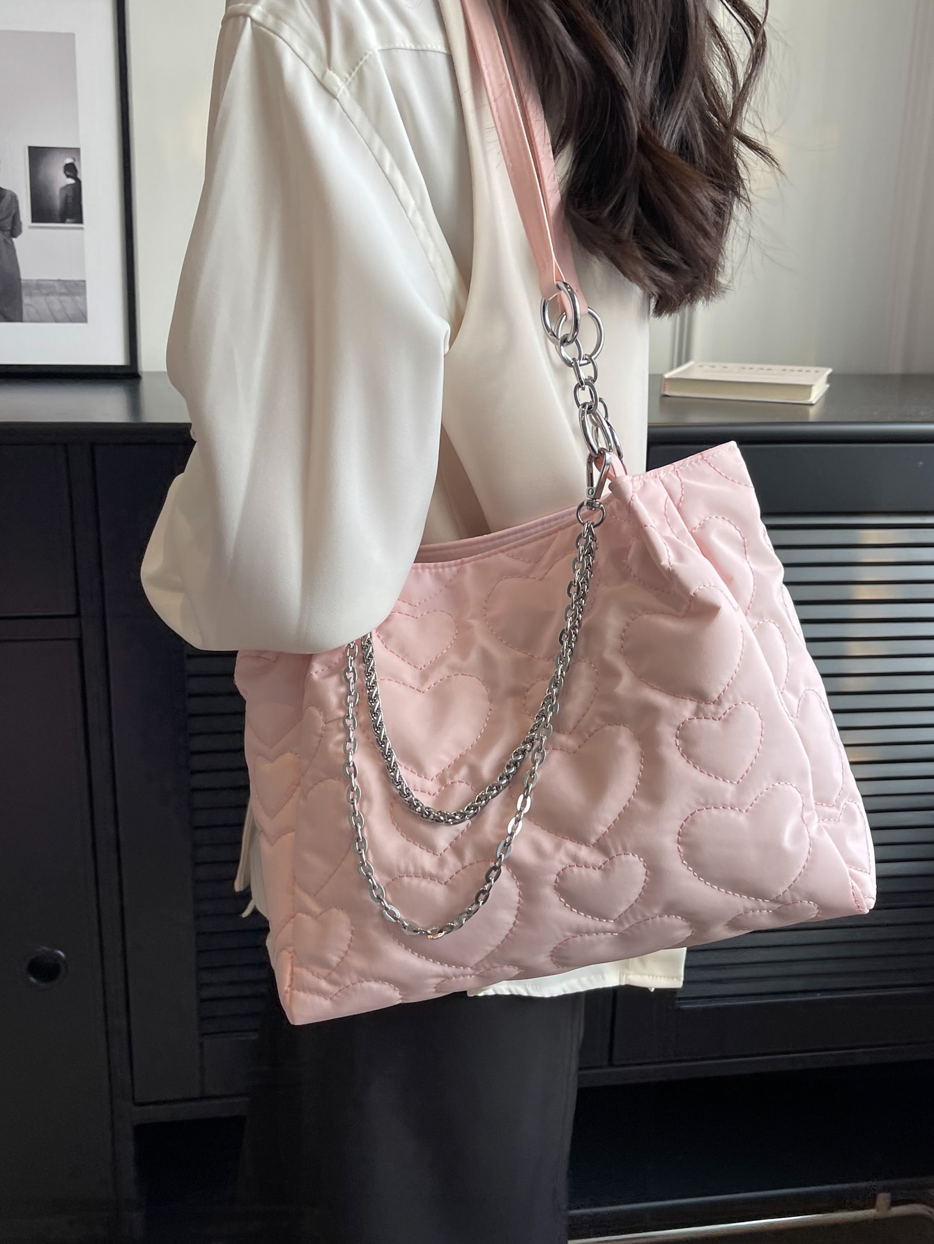 Стеганая большая сумка на плечо с декором в форме сердца, розовый
