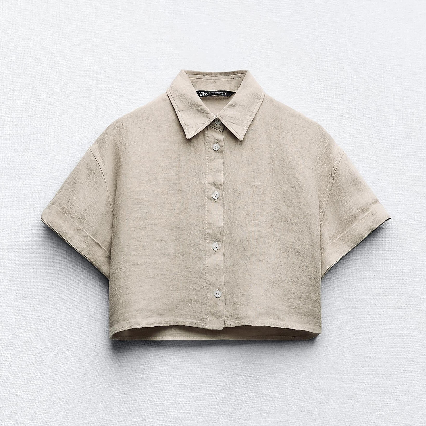 Рубашка Zara Cropped 100% Linen, серо-бежевый