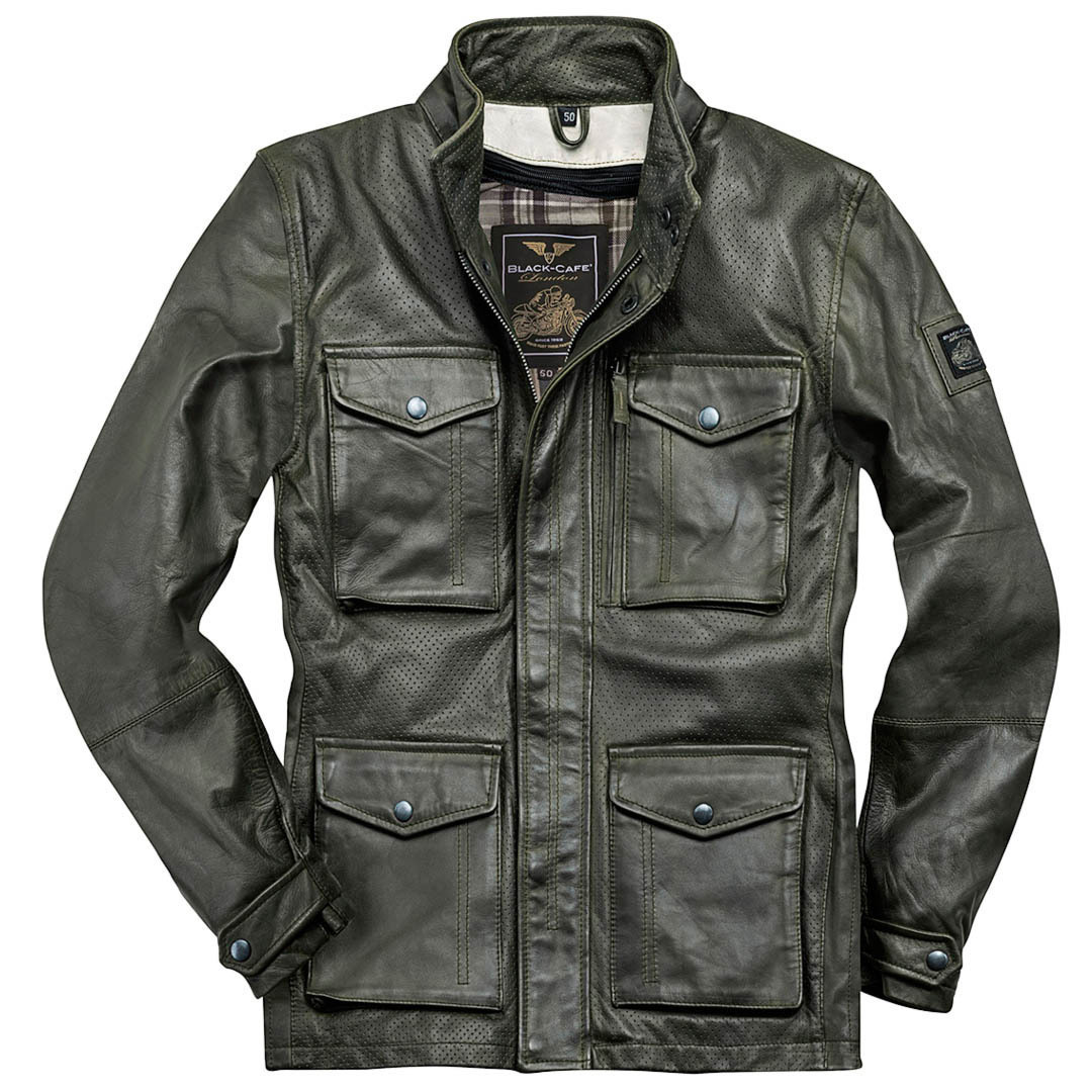 цена Мотоциклетная кожаная куртка Black-Cafe London Manhattan с регулируемой талией, темно-зеленый