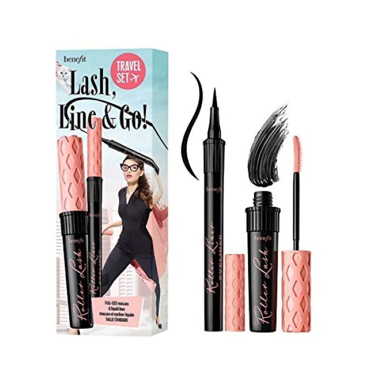 

Benefit Lash Line & Go Travel Set набор: подкручивающая и подтягивающая тушь для ресниц Black, 8,5 г + матовая подводка для глаз Black Pen, 1 мл