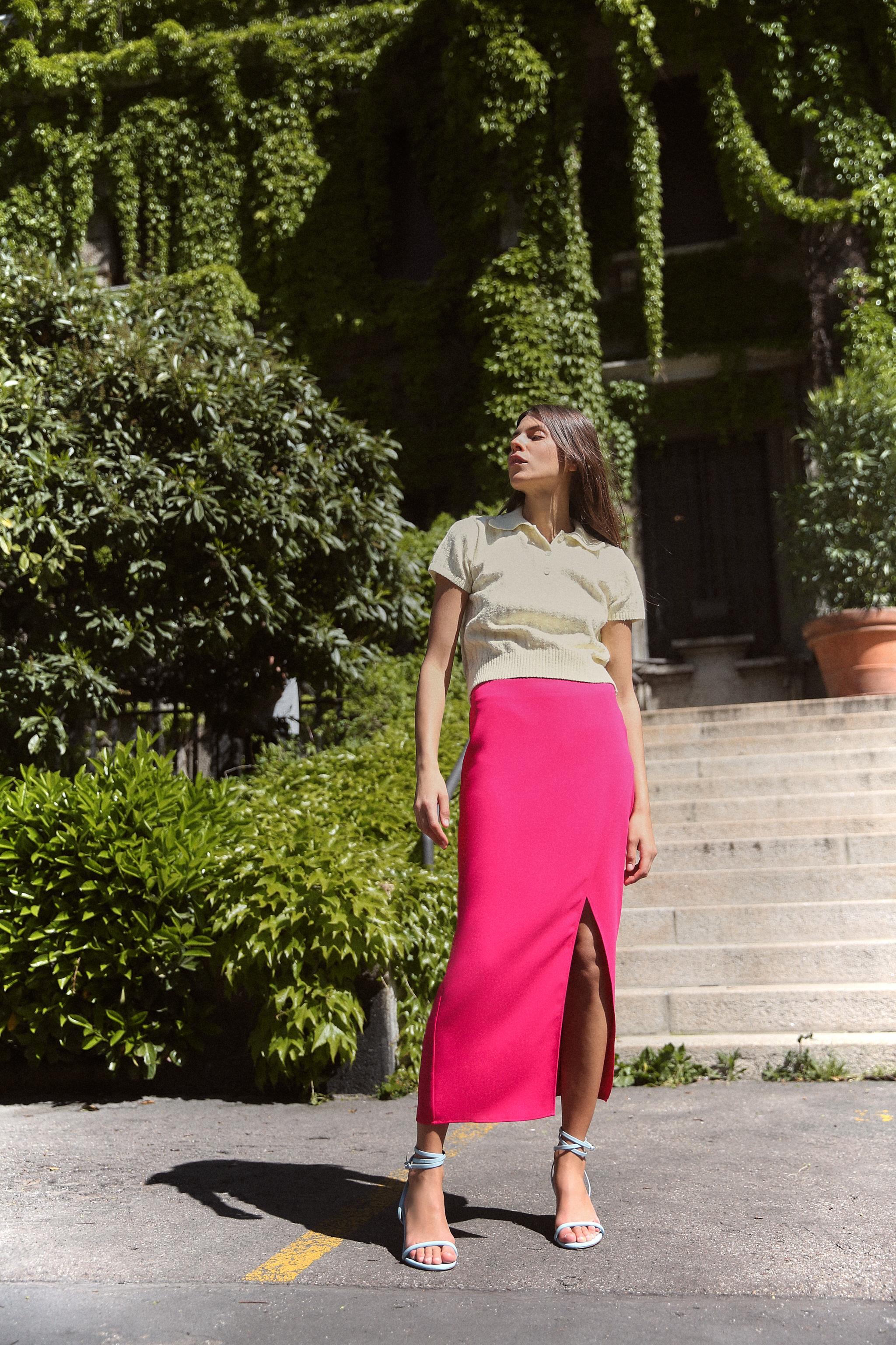 Юбка с высокой талией ZARA, фуксия женская асимметричная шифоновая юбка с высокой талией черная красная винтажная юбка с запахом и разрезом на шнуровке лето 2020