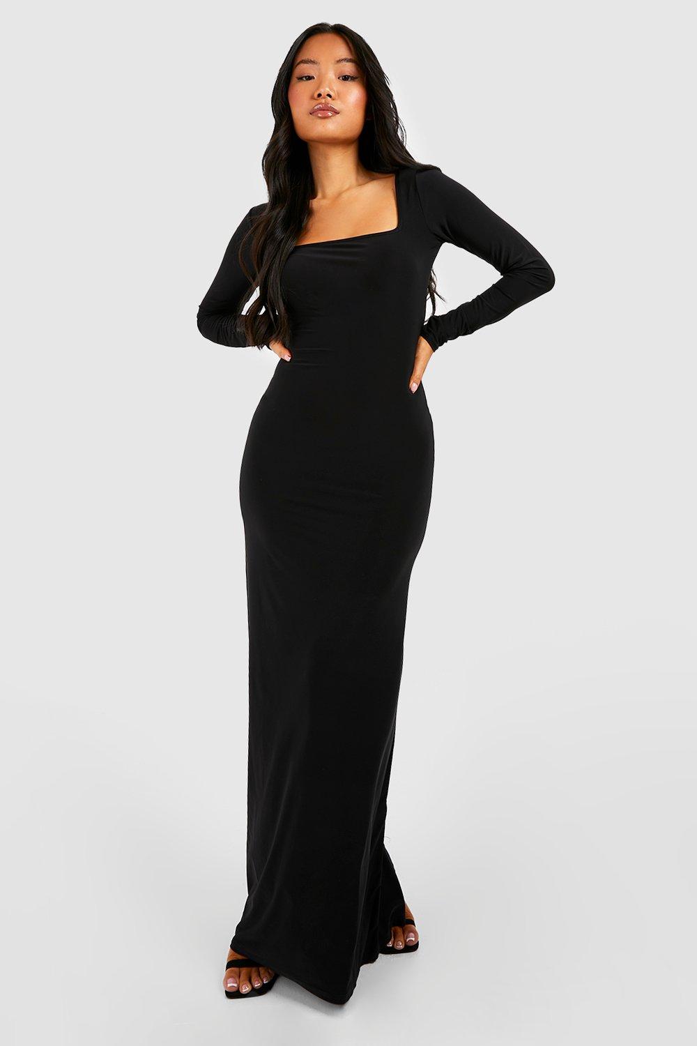 Облегающее платье макси с квадратным вырезом и длинными рукавами Petite boohoo, черный