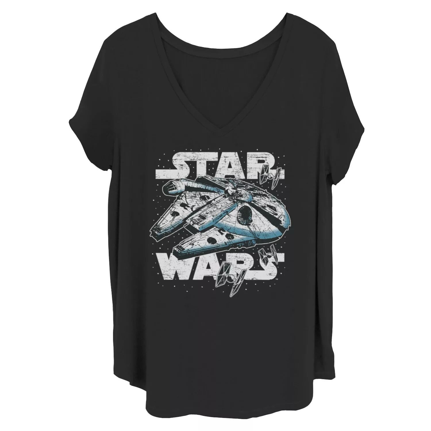 

Потертая футболка с V-образным вырезом Juniors' Plus Star Wars Millennium Falcon и графическим рисунком Licensed Character