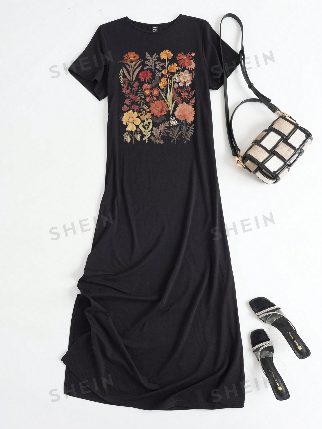 SHEIN Mulvari Повседневное свободное женское платье с цветочным принтом и круглым вырезом с короткими рукавами, черный женское платье с круглым вырезом длинным рукавом и цветочным кружевом