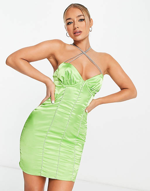 цена Зеленое атласное корсетное платье мини с лямками ASYOU