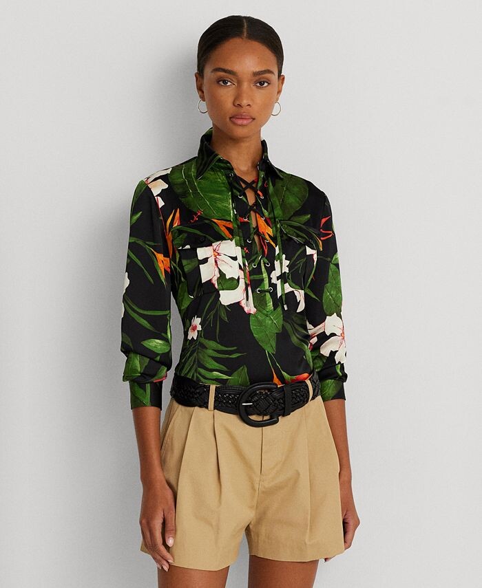 

Женская блузка из шармеза с цветочным принтом и шнуровкой Lauren Ralph Lauren, черный
