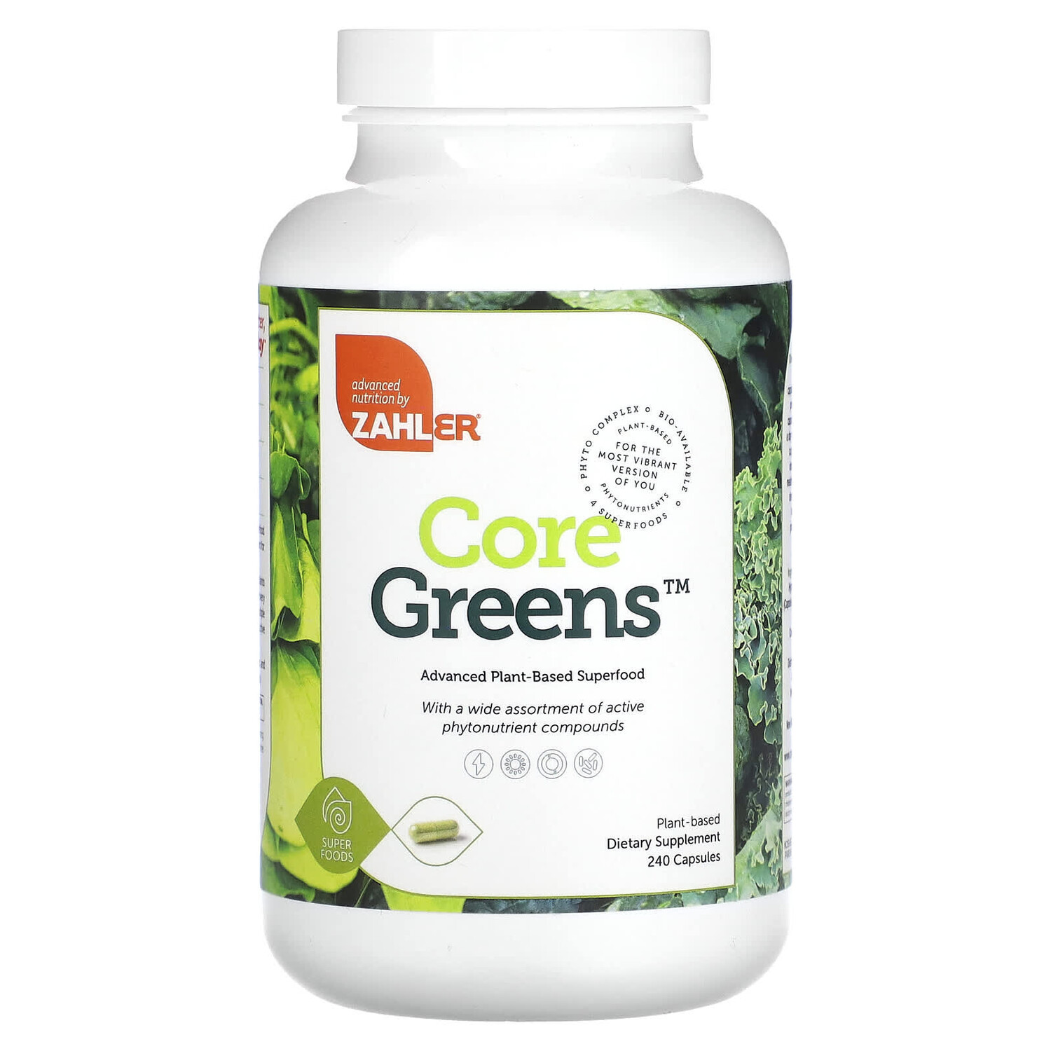 

Core Greens, улучшенный суперфуд на растительной основе, 240 капсул, Zahler