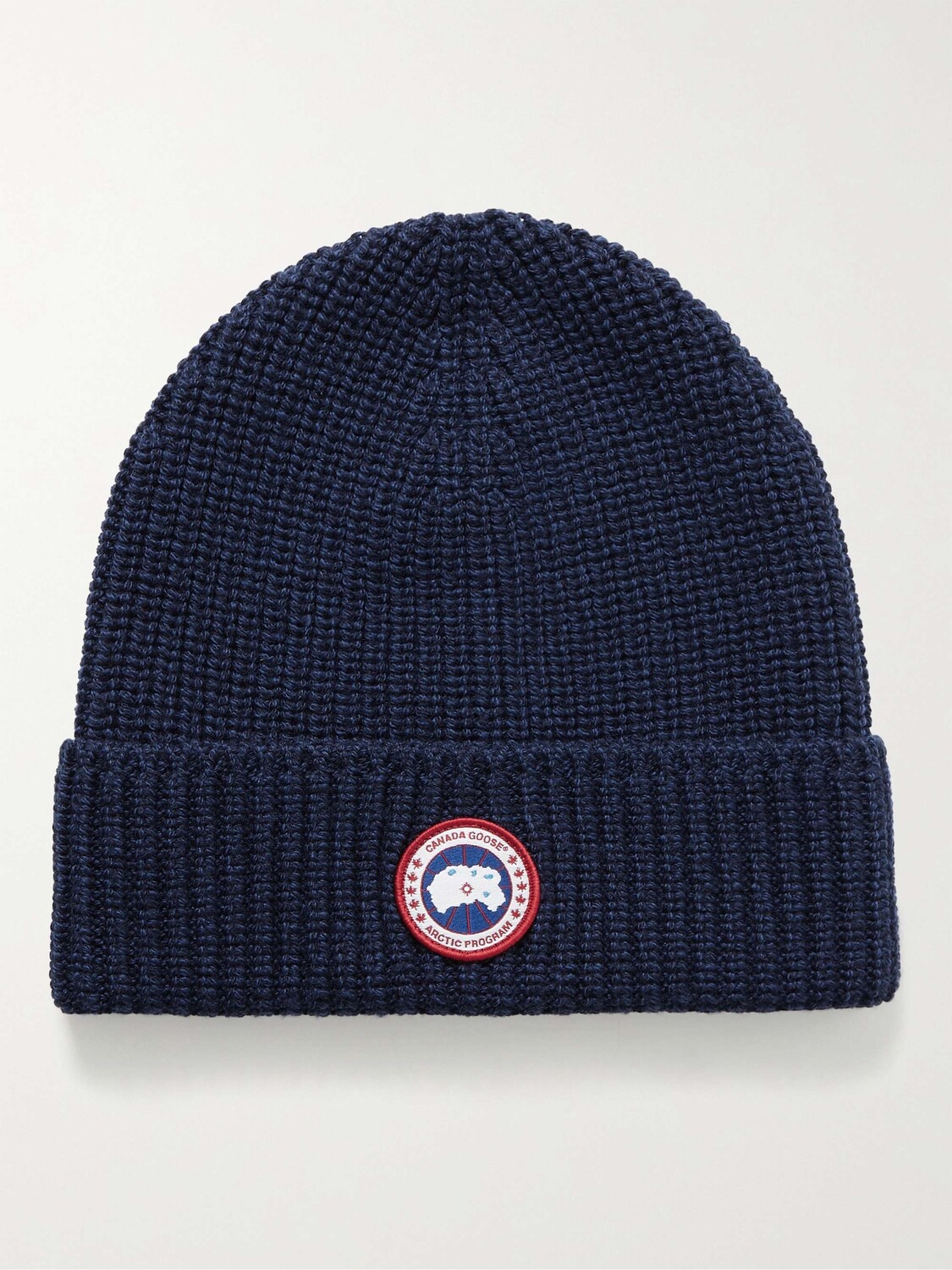 

Шерстяная шапка в рубчик с аппликацией логотипа CANADA GOOSE, нави