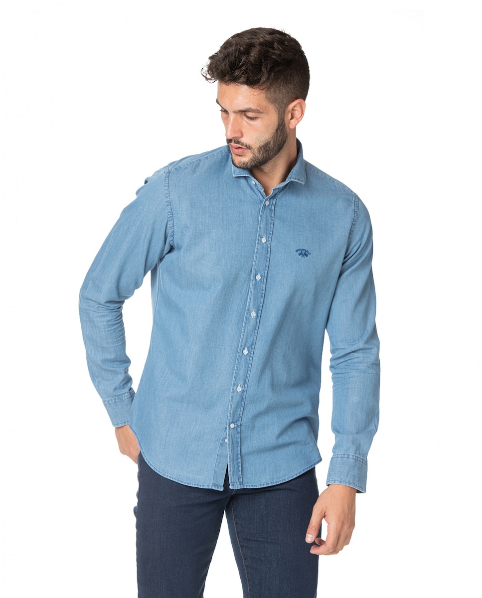 цена Однотонная мужская рубашка из денима добби синего цвета Spagnolo, синий