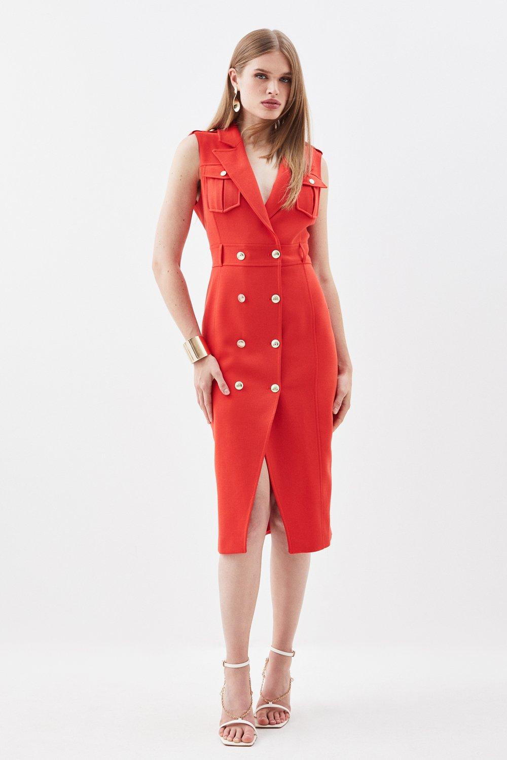 цена Компактное эластичное двубортное платье миди без рукавов Karen Millen, красный