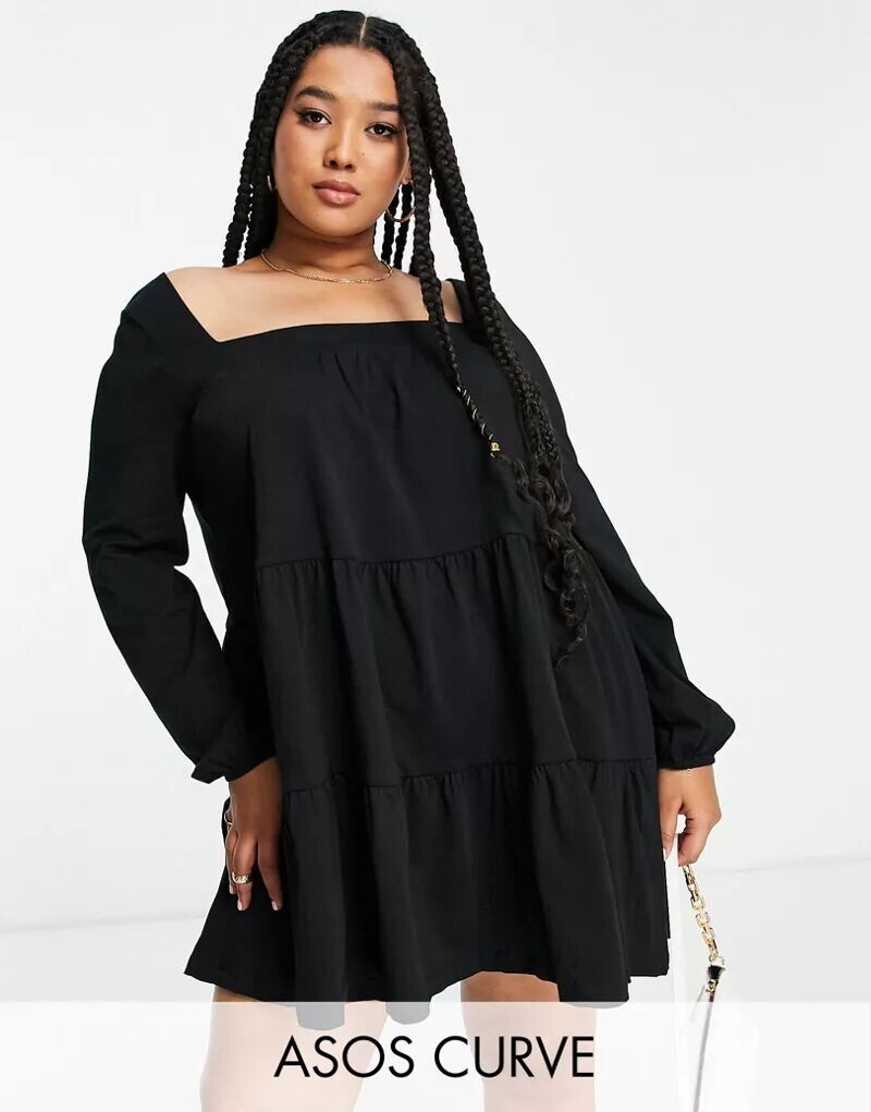 

Черное многоярусное свободное платье мини с квадратным вырезом ASOS DESIGN Curve