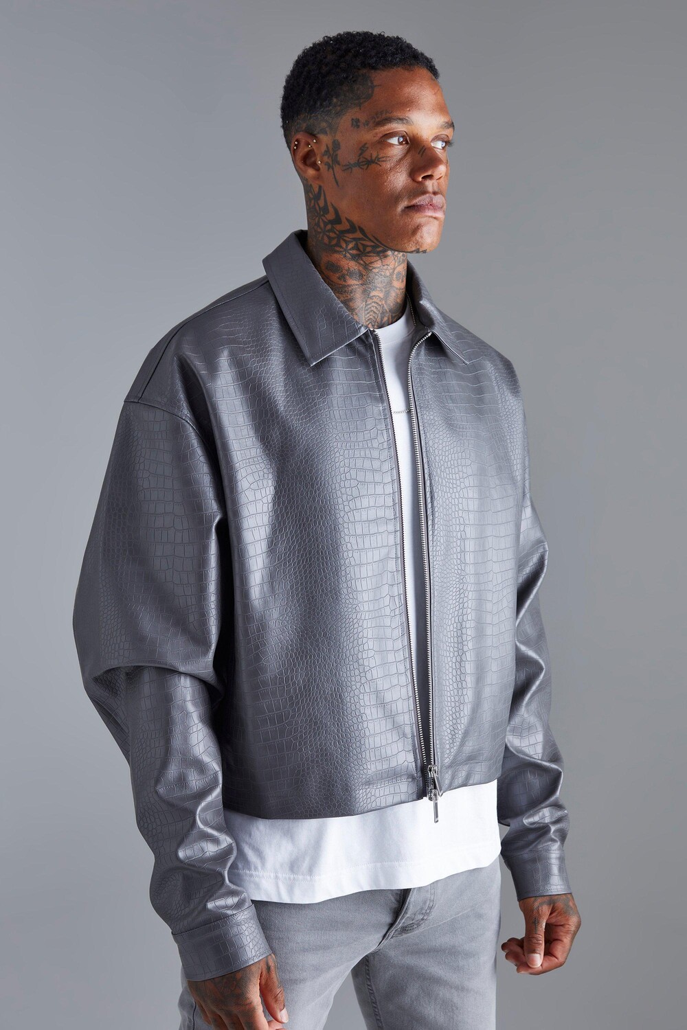 

Куртка harrington из искусственной кожи croc Boohoo, серый