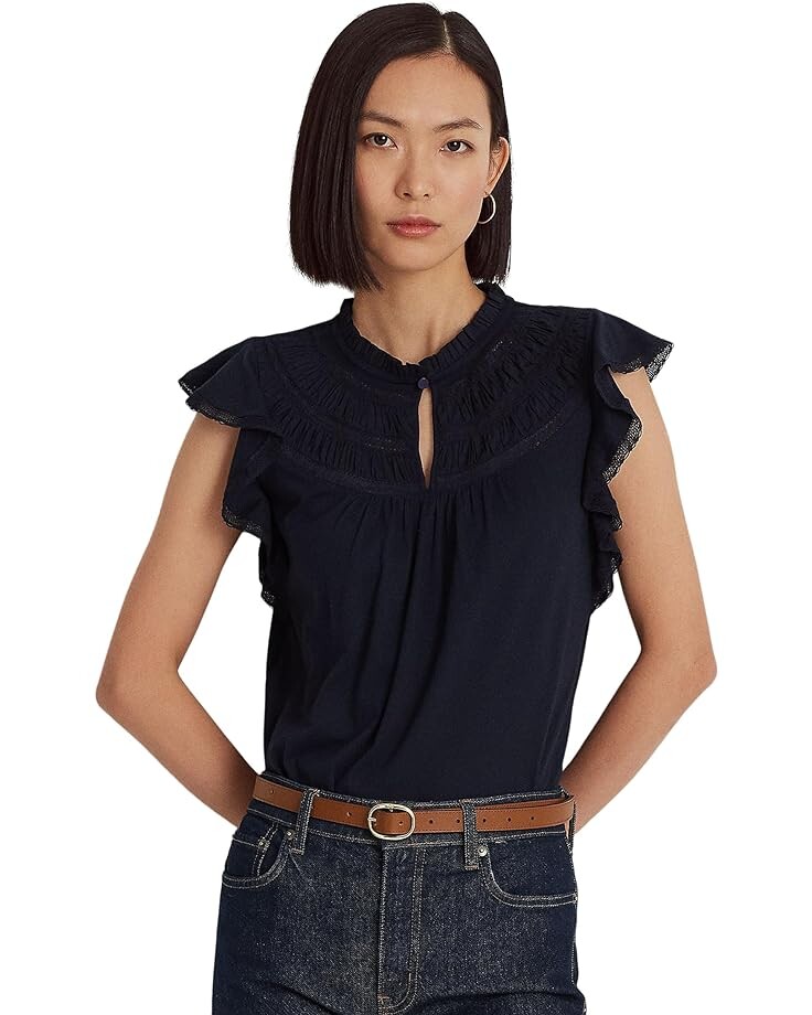 

Блуза LAUREN Ralph Lauren Lace-Trim Jersey Flutter-Sleeve, нави