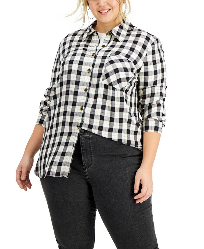 

Клетчатый топ на пуговицах больших размеров Love, Fire, цвет Black/White Plaid