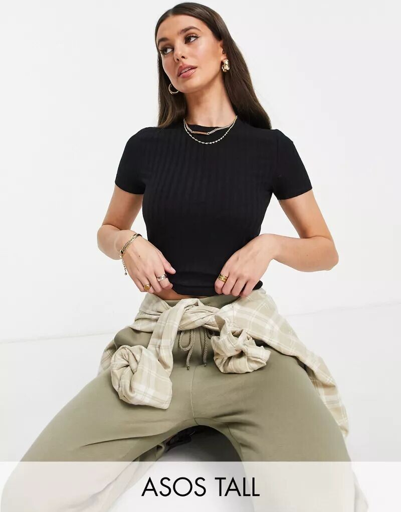 

Черная приталенная футболка в рубчик ASOS DESIGN Tall