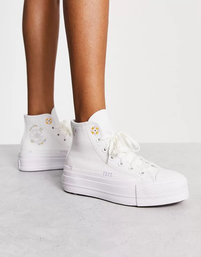 

Белые кроссовки Converse Lift Hi с цветочной вышивкой и подошвой на платформе