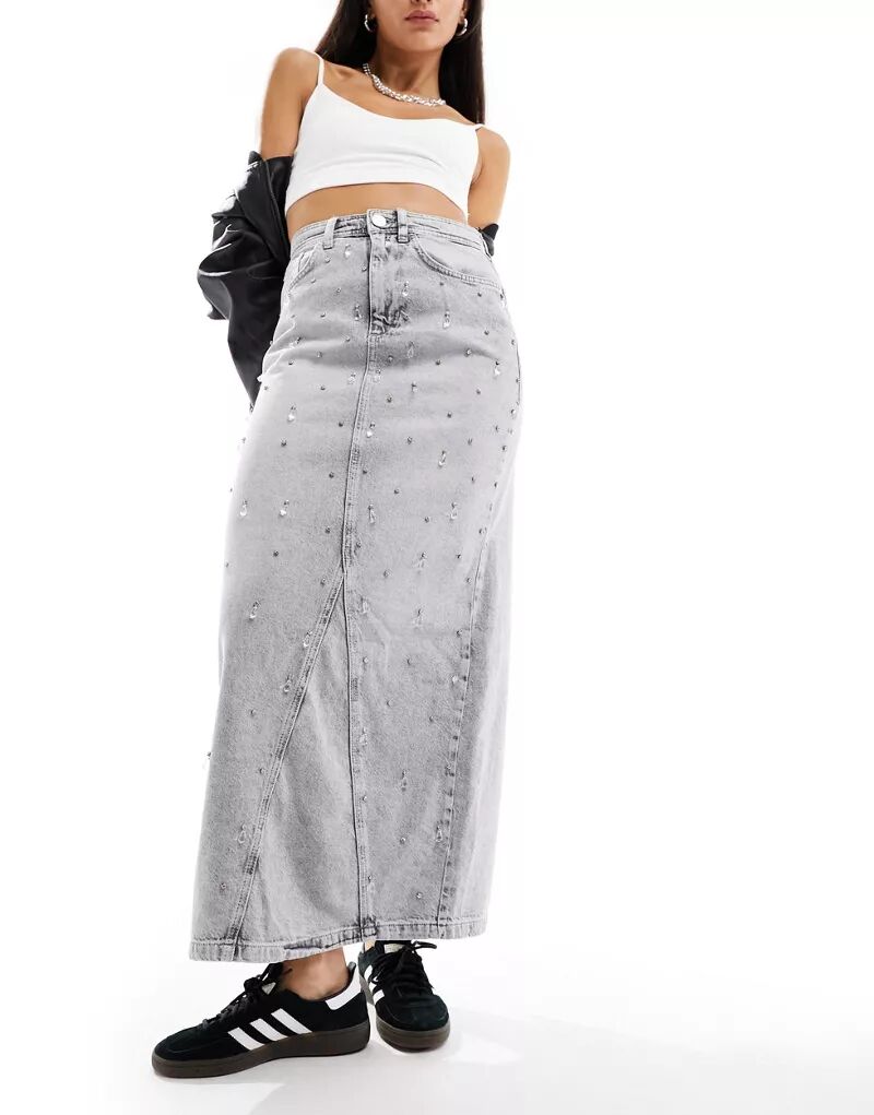 Светло-серая джинсовая юбка макси с декором River Island юбка island серая с узором 44 размер новая