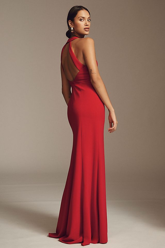 Платье макси BHLDN Juliana с высоким воротником и боковыми разрезами, красный