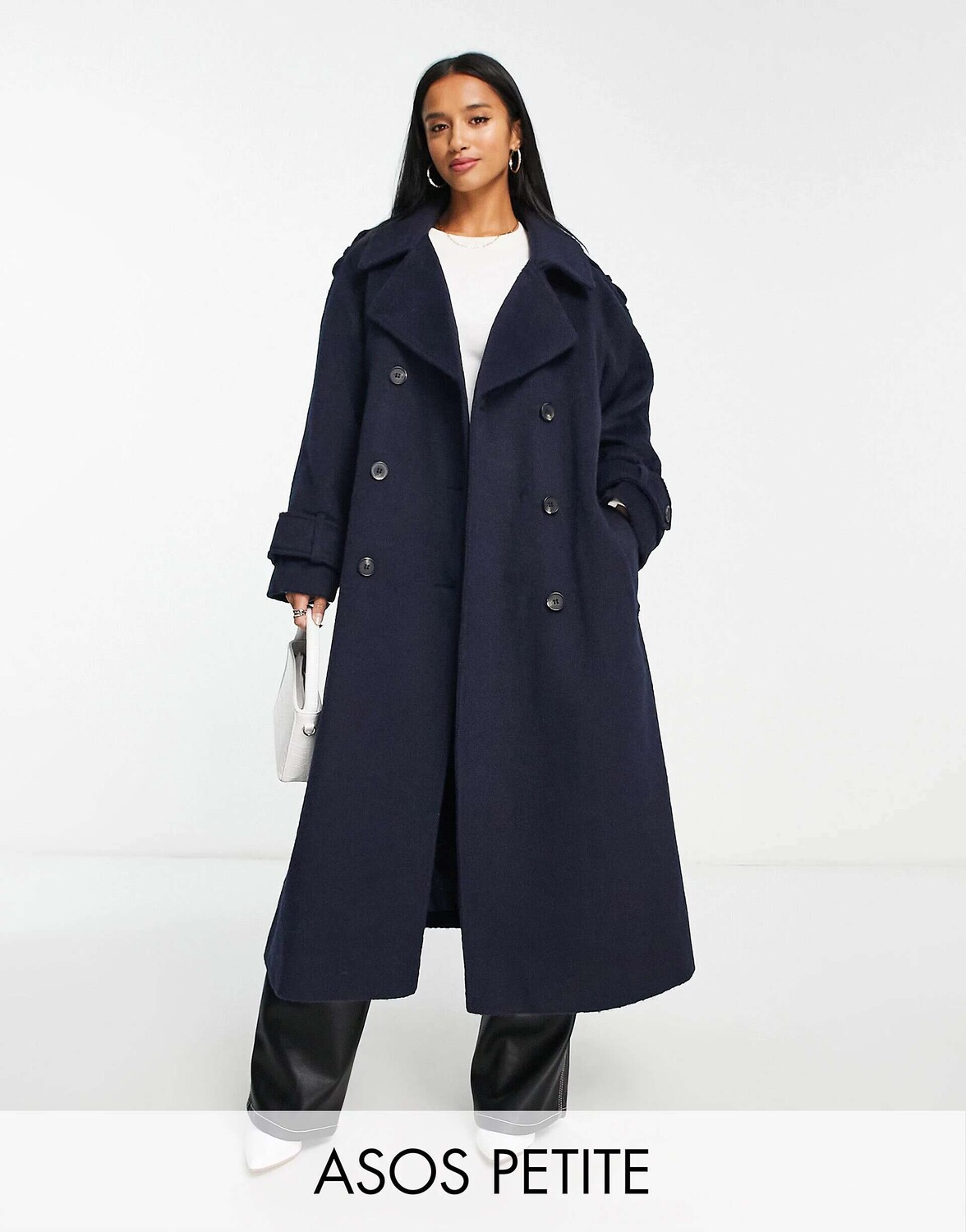 

Темно-синий оверсайз-тренч из смесовой шерсти с начесом ASOS DESIGN Petite