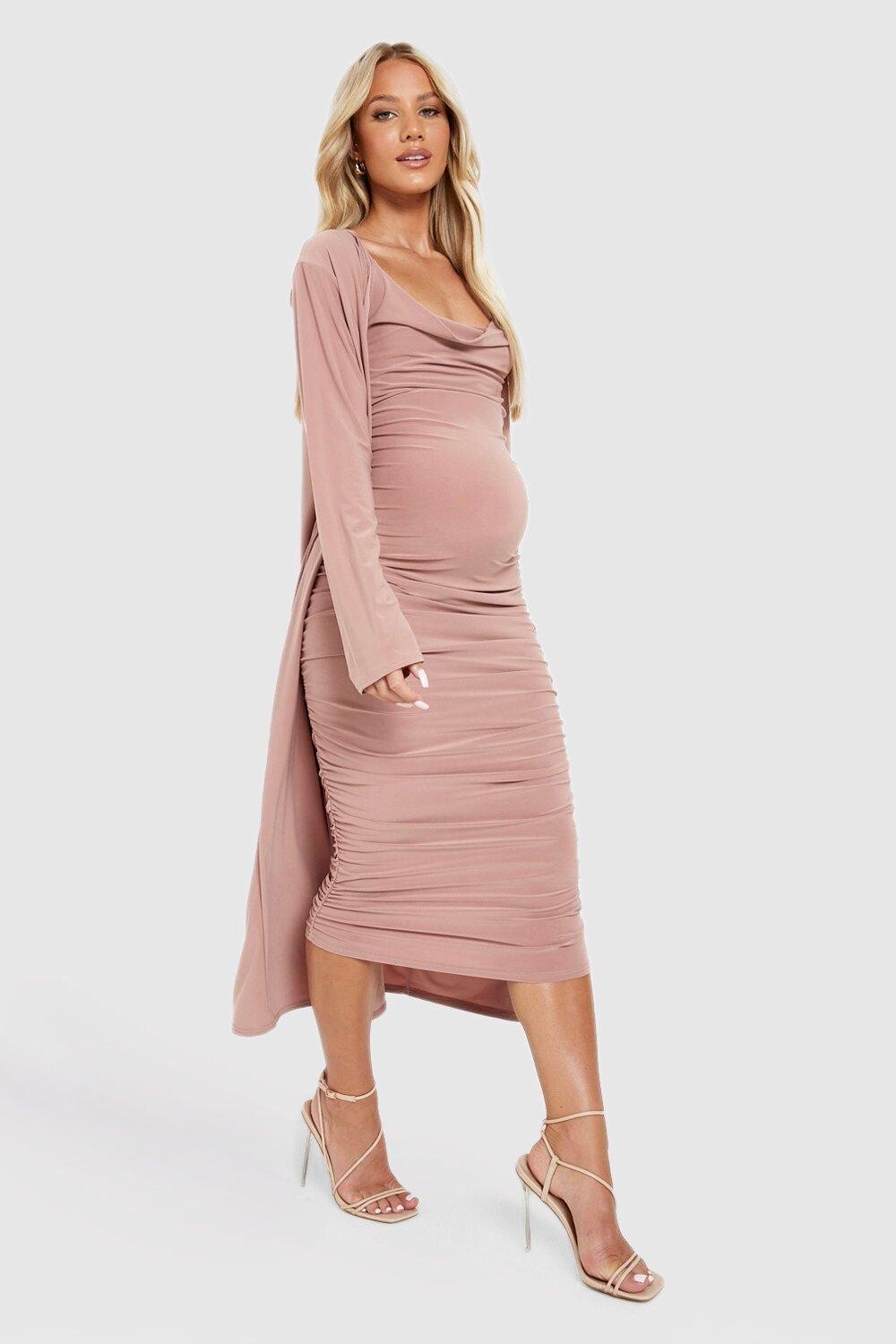 

Платье с вырезом-хомутом и пальто для беременных Boohoo, роза