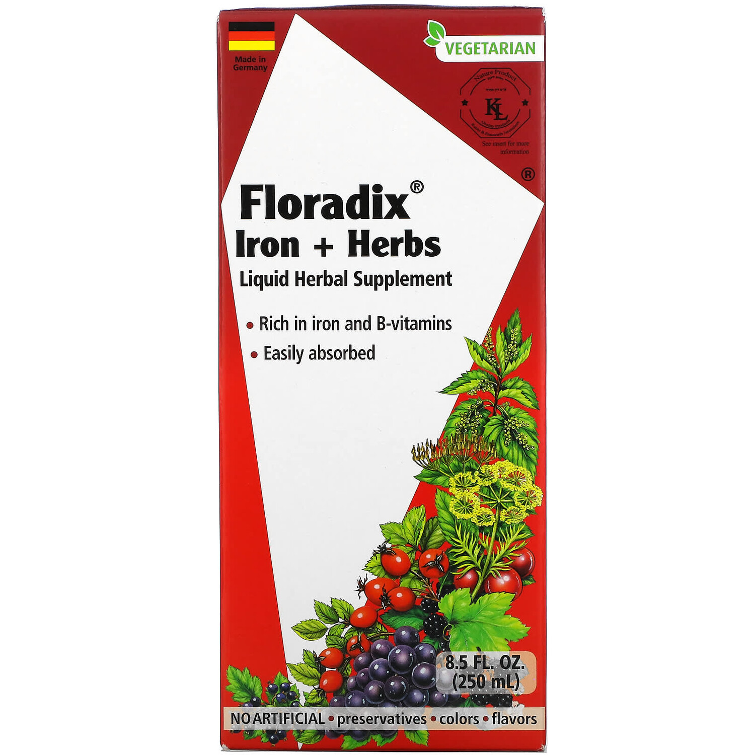 

Floradix, железо и травы, жидкая растительная добавка, 250 мл (8,5 жидк. Унции), Gaia Herbs