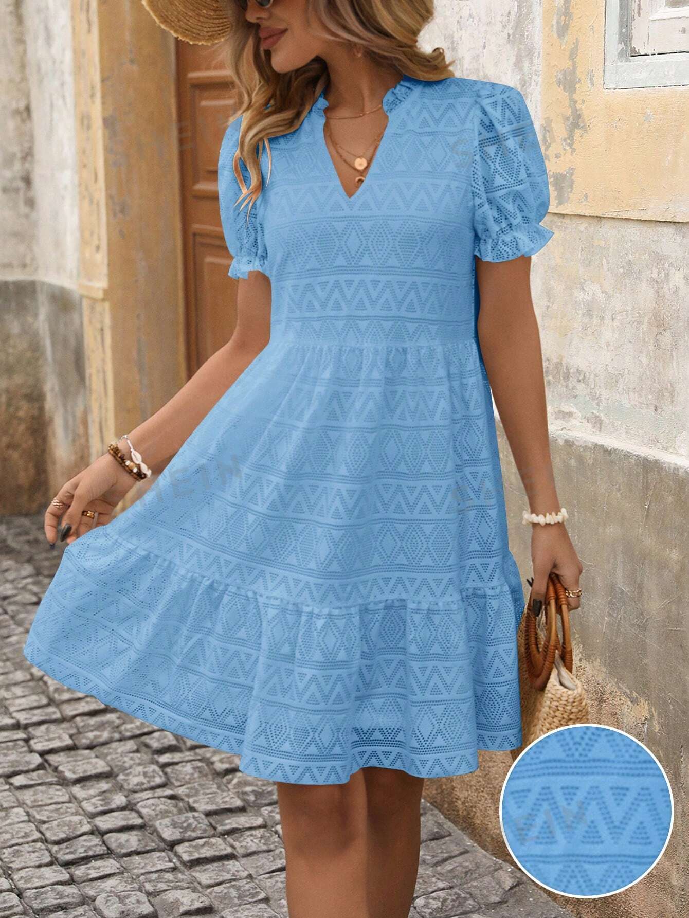 SHEIN VCAY Женское платье с v-образным вырезом и рукавами-фонариками, голубые женское свободное платье рубашка средней длины элегантное платье большого размера с геометрическим принтом круглым вырезом и рукавами в
