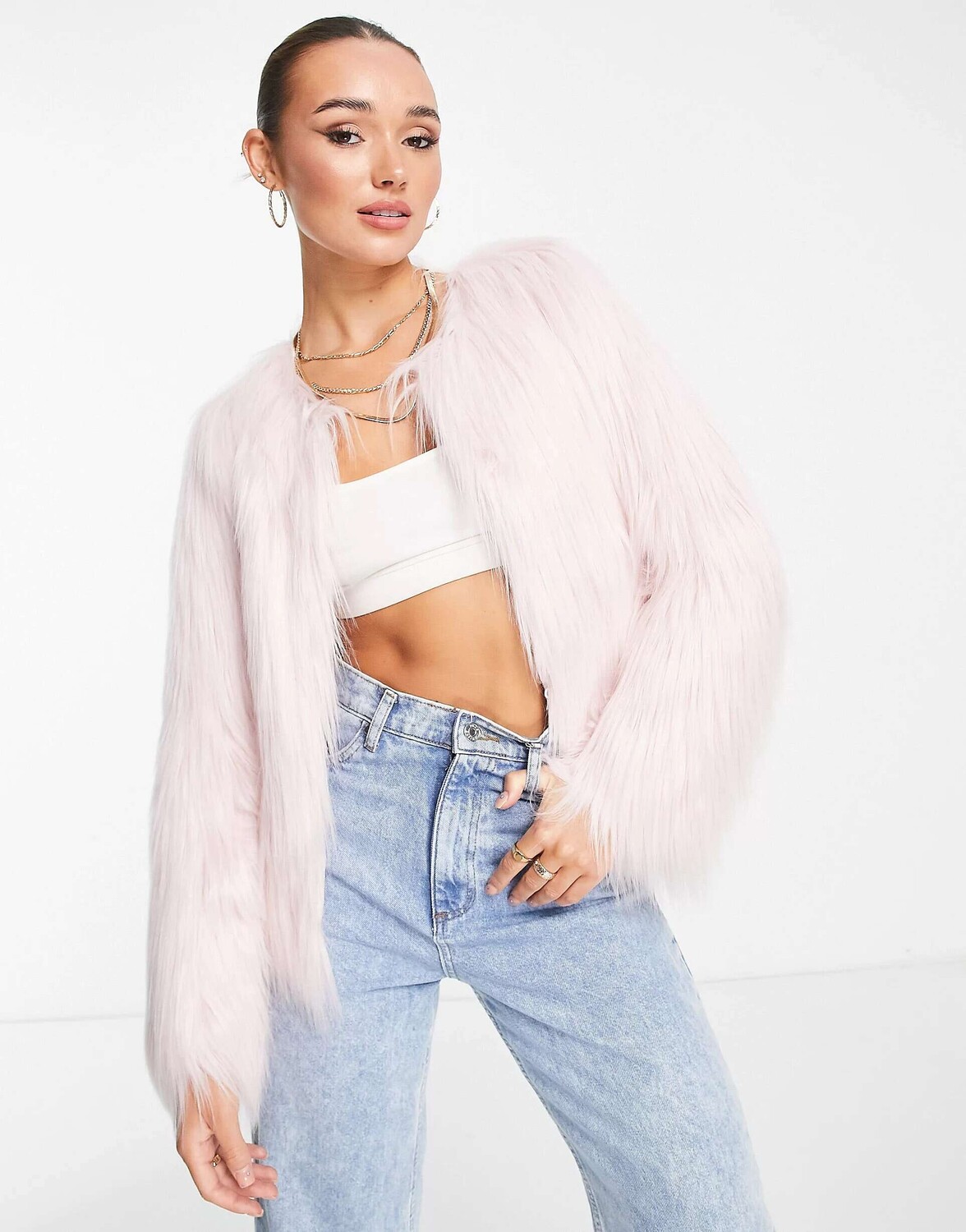 

Unreal Fur Розовая куртка без воротника из искусственного меха Unreal Dream, Розовый