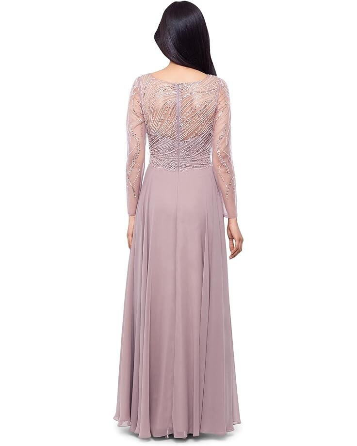 

Платье XSCAPE Long Chiffon Dress with Illusion Sequin Long Sleeves, цвет Blush