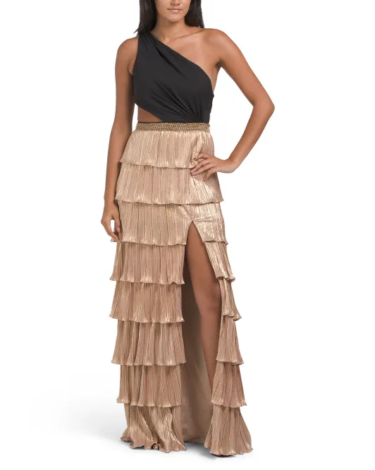 

Многослойное платье цвета металлик с декорированным поясом Ieena For Mac Duggal, цвет Black Gold