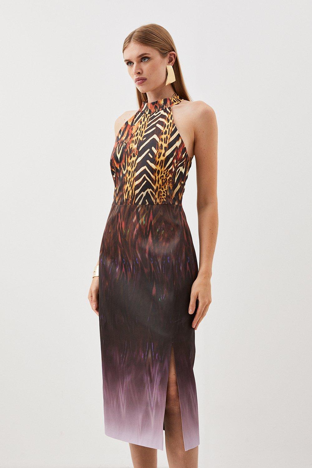 Индивидуальное итальянское фирменное эластичное платье миди с эффектом омбре и перьями Karen Millen, мультиколор
