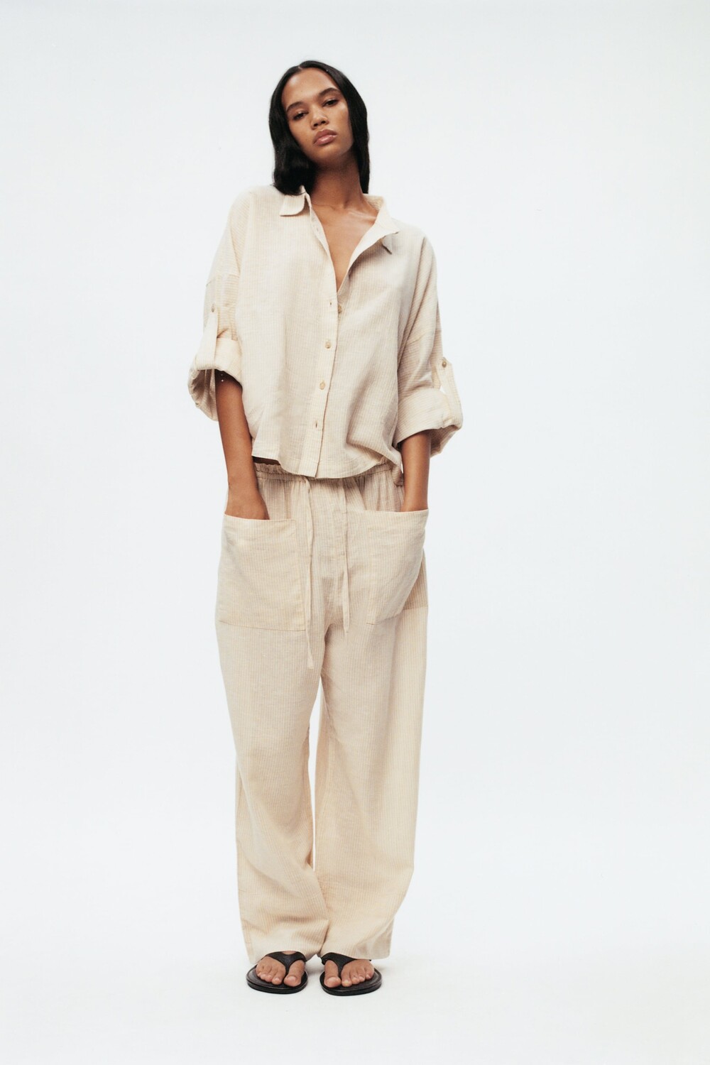 

Брюки из смешанного льна с карманами Zara, ecru / beige