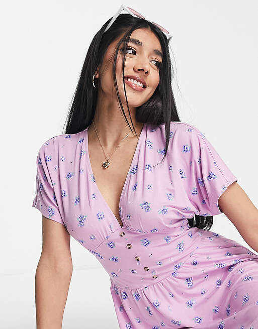 

Сиреневое чайное платье мини с пуговицами и талией ASOS DESIGN
