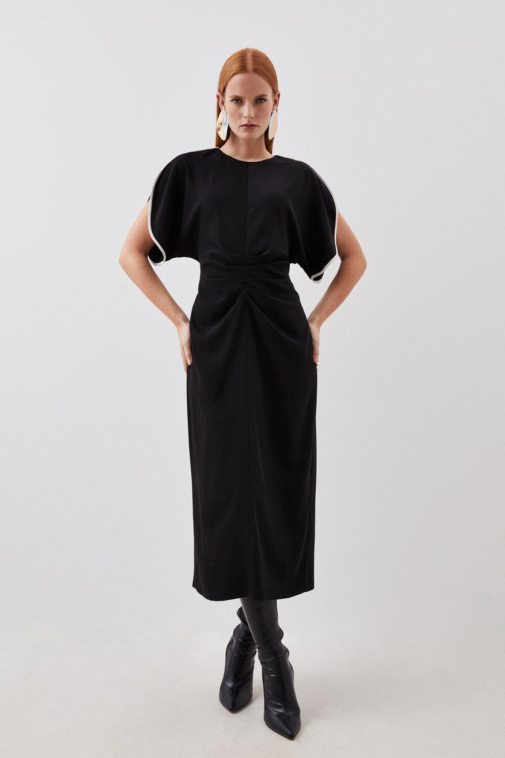 Мягкое платье миди со сборками спереди и контрастными деталями на кончике Karen Millen, черный
