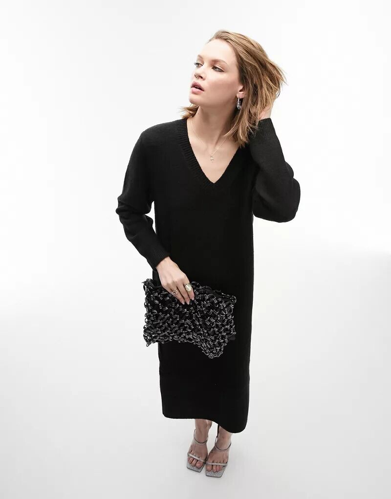

Черное трикотажное платье макси с V-образным вырезом Topshop
