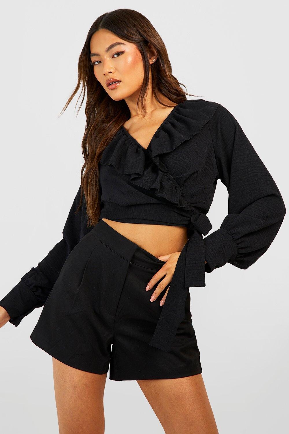 

Блузка с запахом и рукавами Boohoo, черный