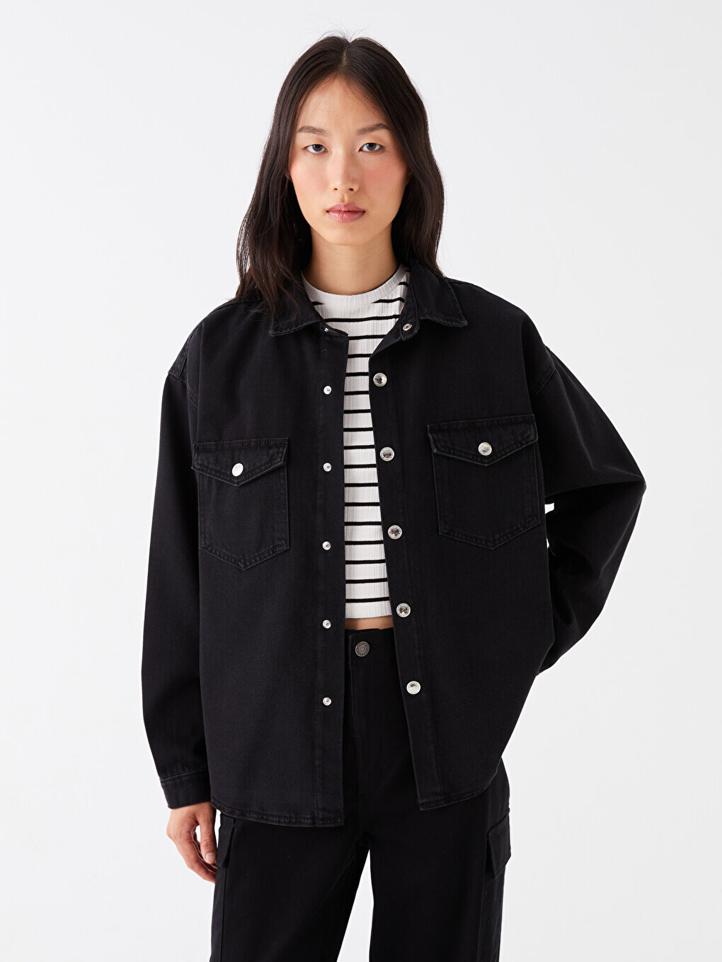

Однотонная женская джинсовая куртка-рубашка с длинным рукавом LCW Jeans, черное родео, Черный