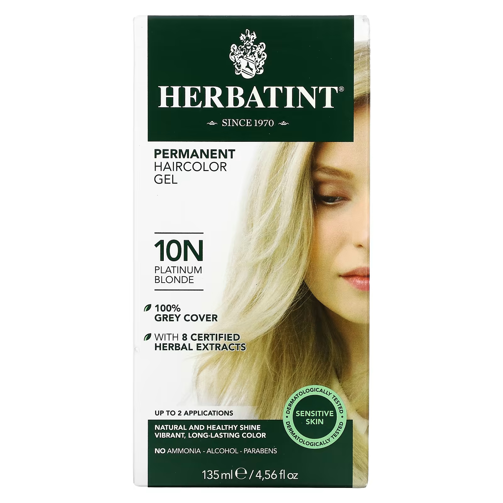 Перманентная гель-краска для волос Herbatint 10N платиновый блондин, 135 мл herbatint перманентная гель краска для волос 6d темный золотой блондин 135 мл